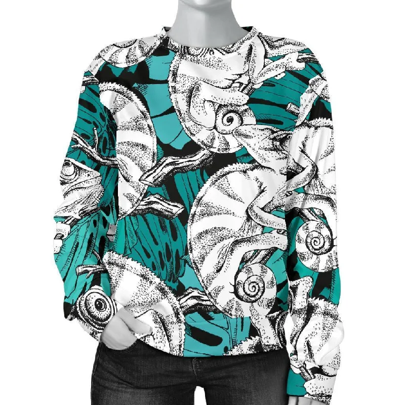 Cartoon Chameleon Pattern Print Women's Sweatshirt Hoodie with Set-In Sleeves Structured Classic