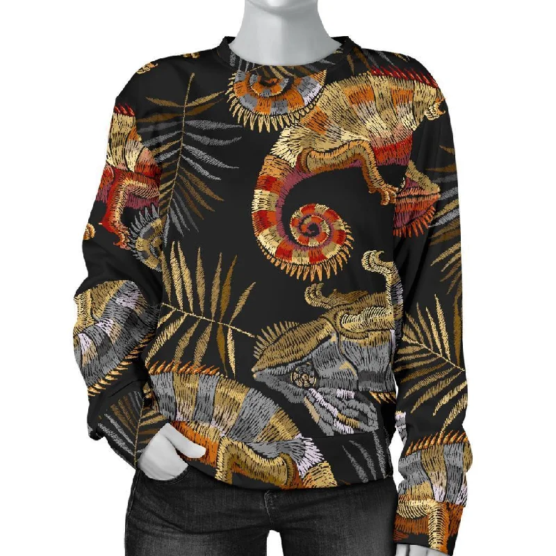 Chameleon Print Pattern Women's Sweatshirt Hoodie with Hem Frayed Vintage Worn