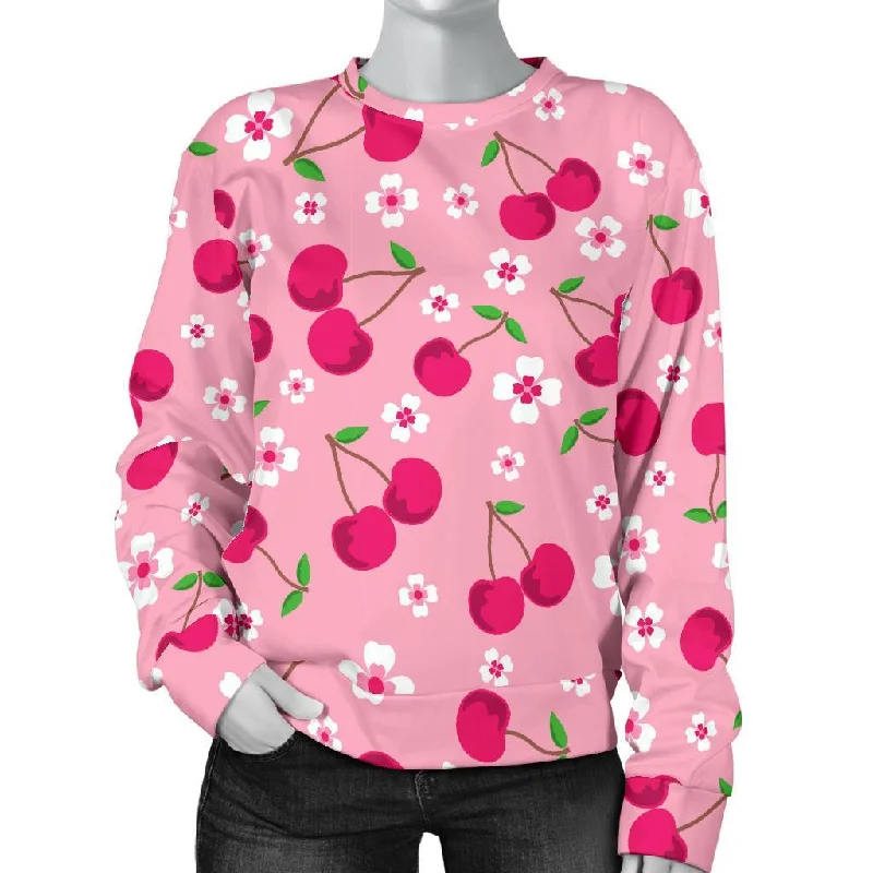 Cherry Floral Pattern Print Women's Sweatshirt Hoodie with Back Slit Movement Comfort