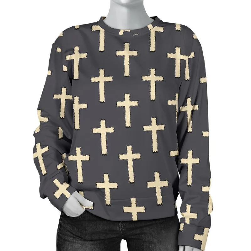Christian Cross Pattern Print Women's Sweatshirt Hoodie with Rolled Sleeves Casual Relaxed