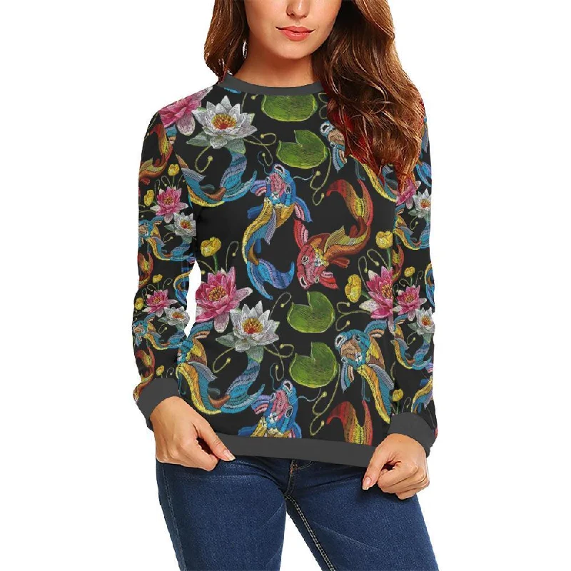 Crochet Koi Fish Lotus Pattern Print Women's Sweatshirt Hoodie with Hem Ribbing Snug Secure