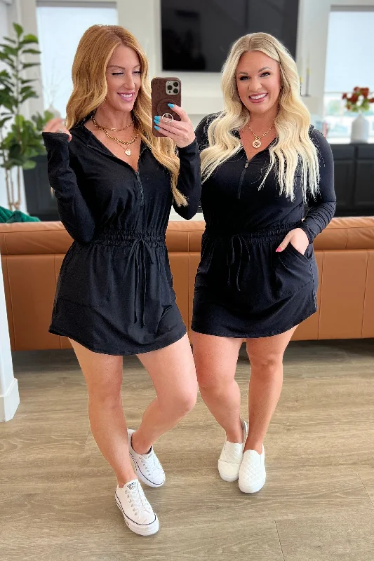 Getting Out Long Sleeve Hoodie Romper in Black Hoodie with Hem Contrast Bold Stylish