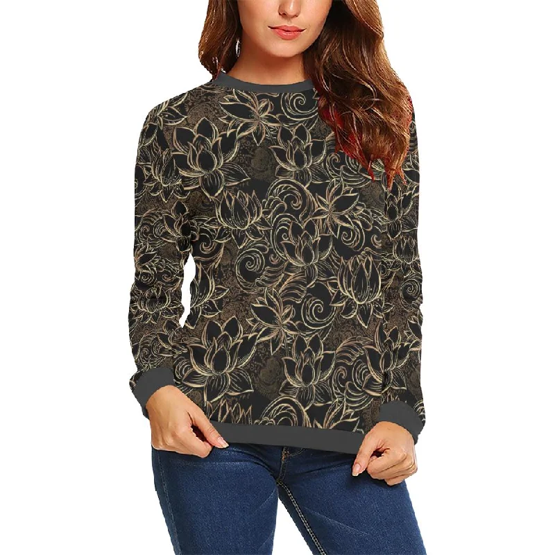Golden Lotus Pattern Print Women's Sweatshirt Hoodie with Emblem Brand Identity