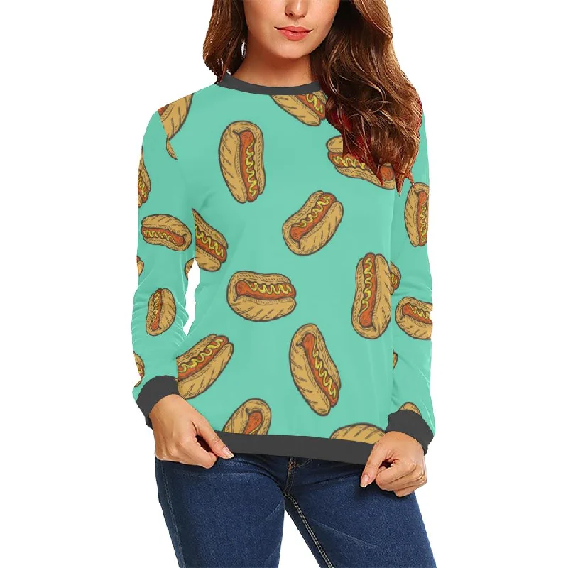 Green Hot Dog Pattern Print Women's Sweatshirt Hoodie with Hem Contrast Bold Stylish Green Hot Dog Pattern Print Women's Sweatshirt Hoodie with Hem Contrast Bold Stylish