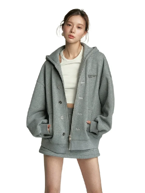 Grey Button-Up Hooded Sweatshirt Hoodie Dress Longline Feminine