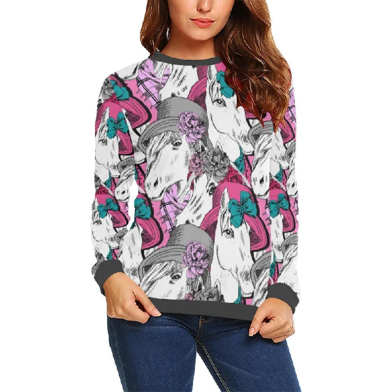 Horse Pattern Print Women's Sweatshirt Hoodie with Half-Zip Sporty Casual