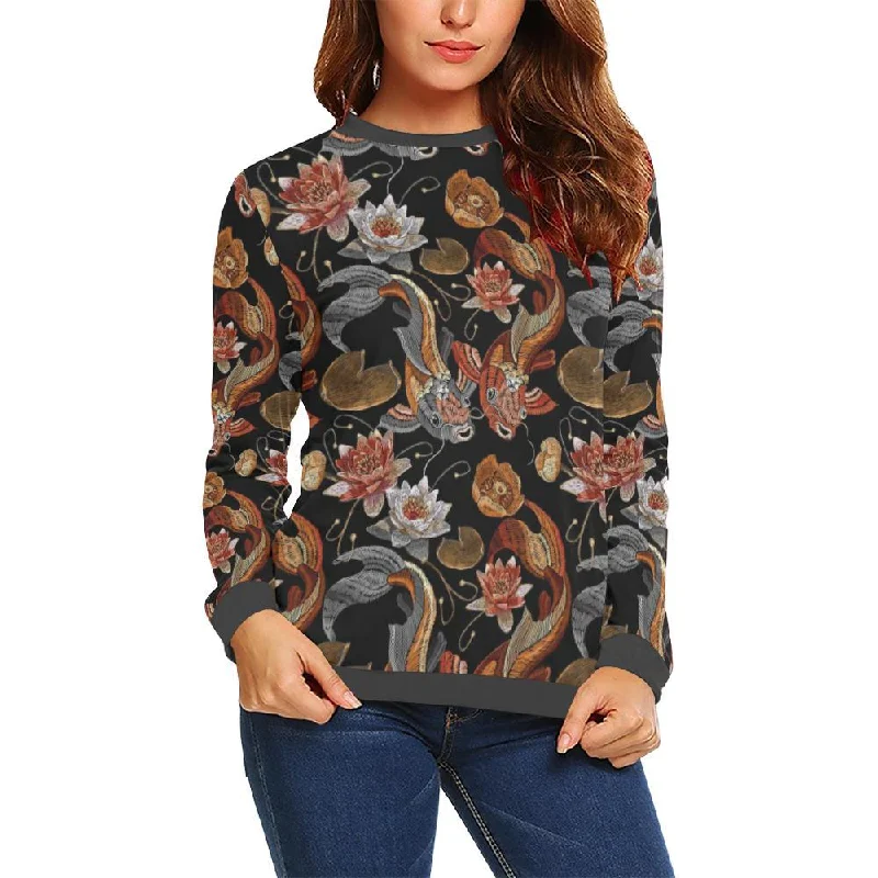 Koi Fish Crochet Lotus Pattern Print Women's Sweatshirt Hoodie with Elastic Waist Stretchable Comfortable
