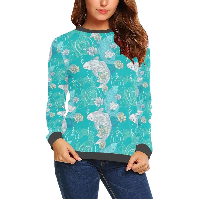Koi Fish Lotus Pattern Print Women's Sweatshirt Hoodie with Hem Fringe Bohemian Relaxed
