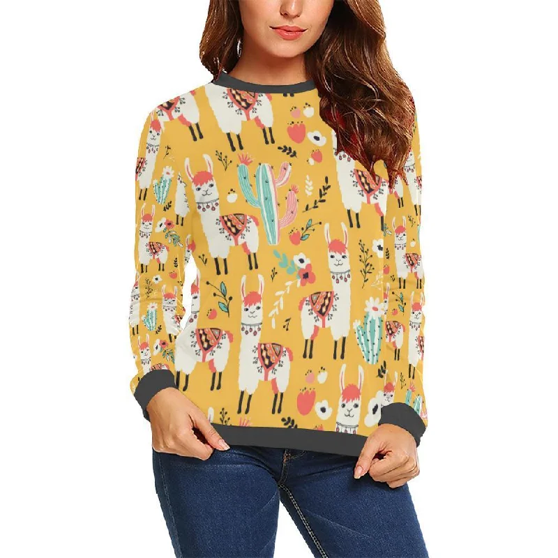 Llama Cactus Pattern Print Women's Sweatshirt Hoodie with V-Neck Classic Versatile