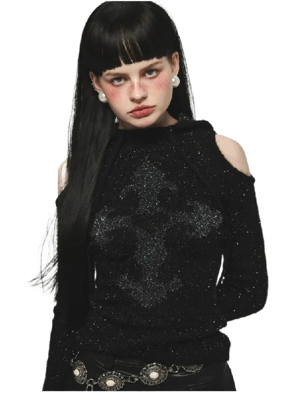 Mohair Off-Shoulder Knit Hoodie Hoodie with Raglan Sleeves Sporty Comfortable