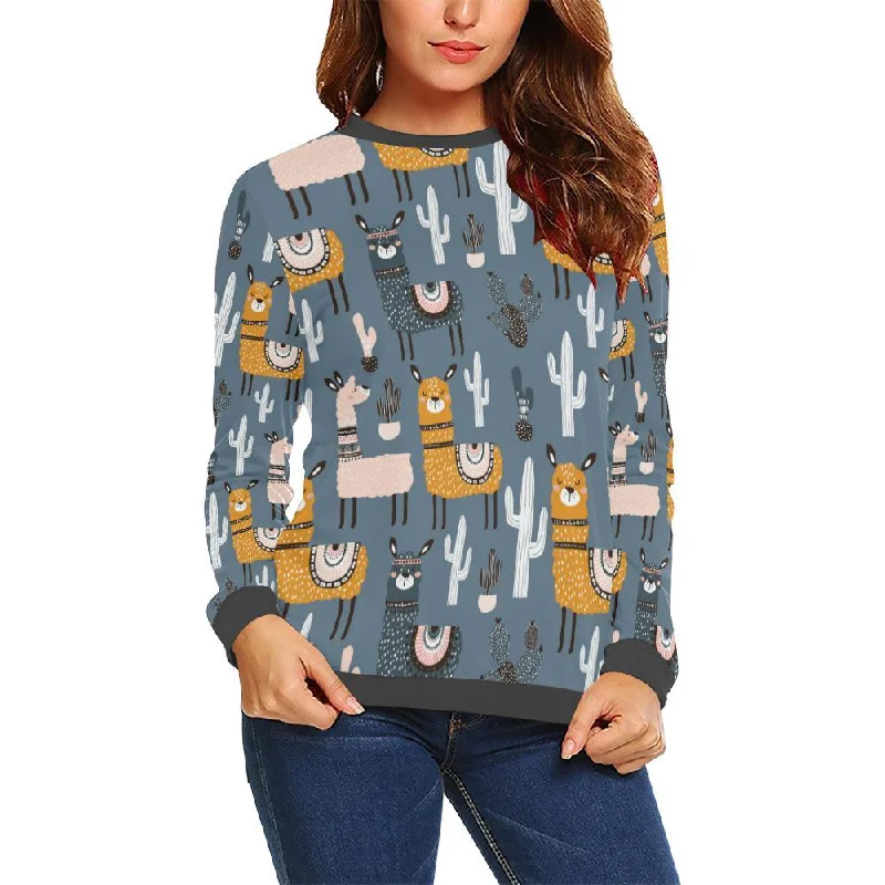 Print Pattern Llama Cactus Women's Sweatshirt Hoodie with Raw Hem Edgy Unfinished