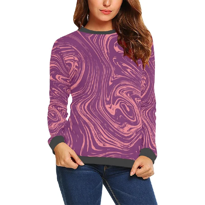 Red Marble Pattern Print Women's Sweatshirt Hoodie with Hem Raw Edge Edgy Unfinished