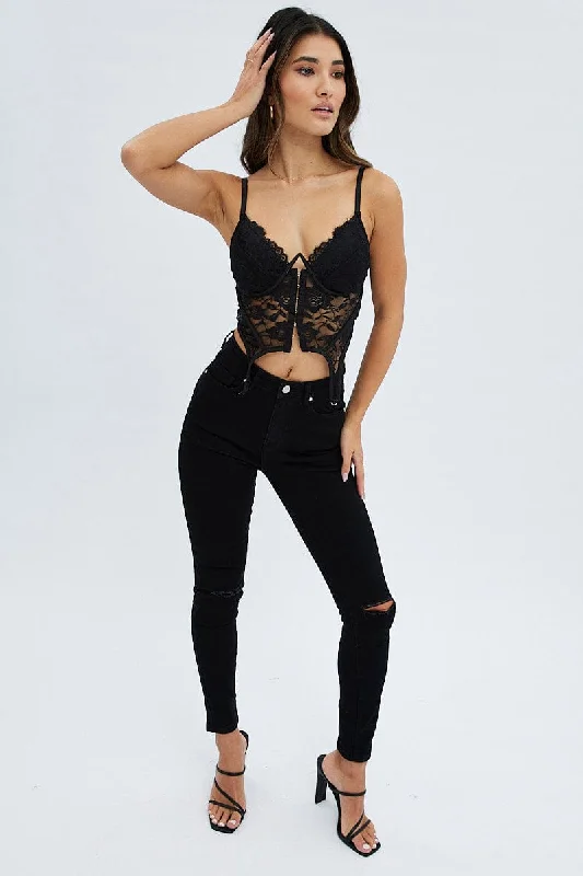 Black Skinny Denim Jeans Trendy Wide-Legged High-Waist Jeans