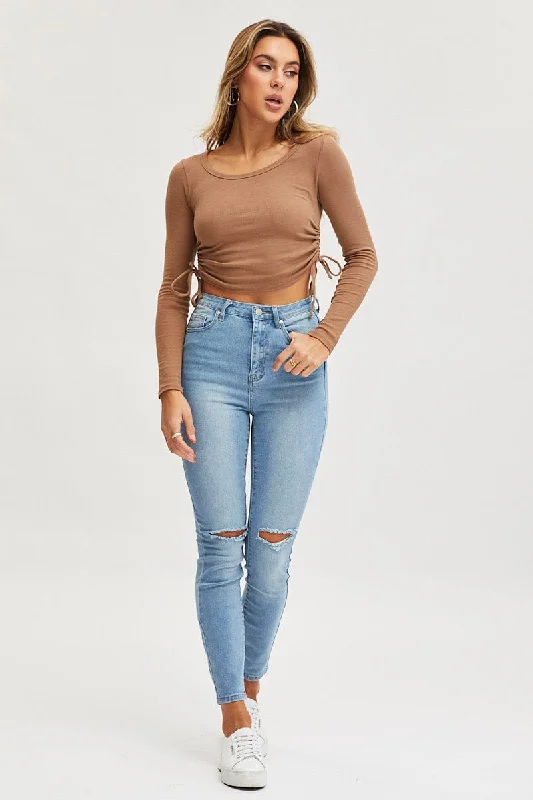 Blue High Rise Knee Slash Skinny Denim Jean Stylish High-Waist Skinny Denim