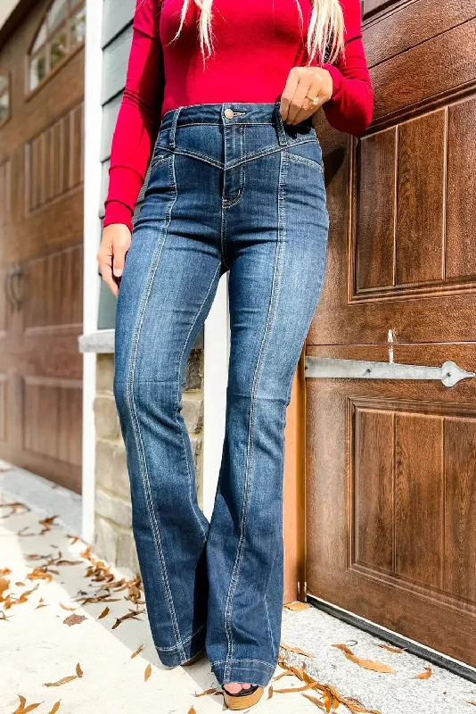 High Rise Medium Wash Flare Jeans Fashionable Raw Hemmed Jeans