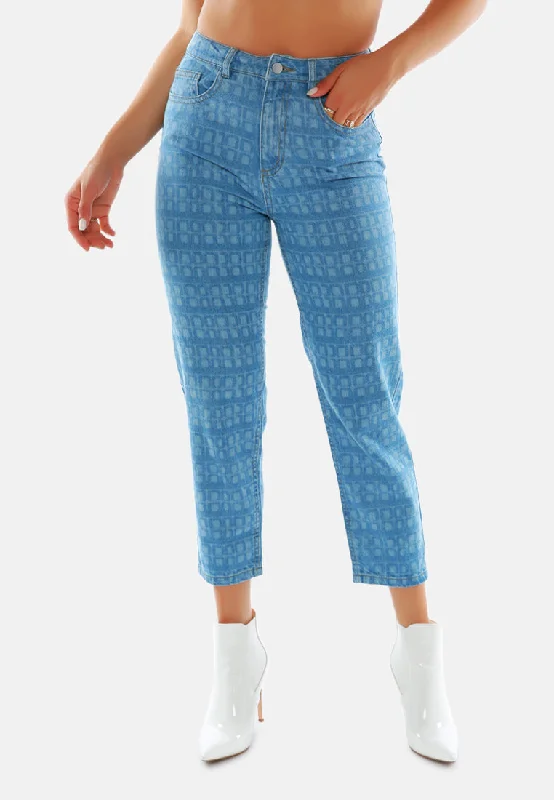 Blue Printed Mom Fit Blue Jeans Pants Chic Rolled Cuff Denim Jeans