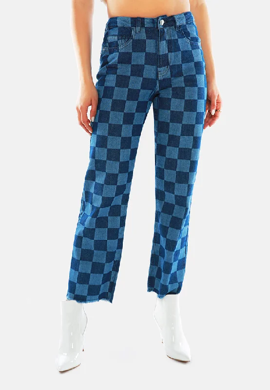 Blue Wide Leg Checkered Jeans Pants Chic Dark-Wash Skinny Jeans