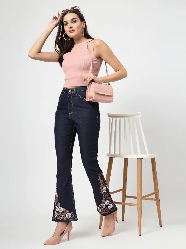 Bootcut High-Rise Embroidered Stretchable Jeans Trendy Wide-Legged High-Waist Jeans