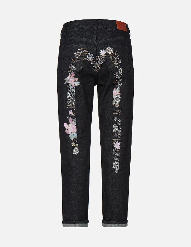 Brocade and Floral-pattern Daicock Embroidery Relax-Cut Jeans Casual High-Waisted Bootcut Jeans
