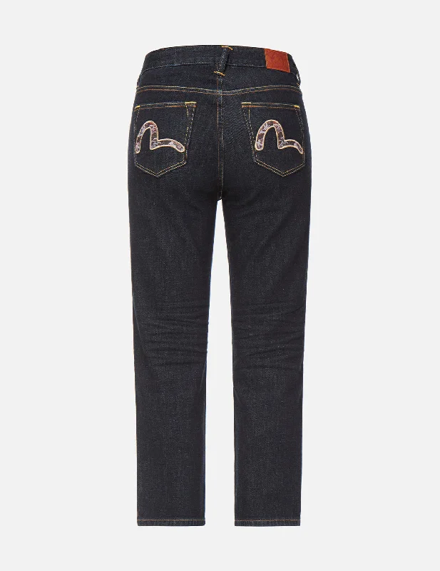 Brocade Seagull Embroidered Straight-cut Jeans Chic Rolled Cuff Denim Jeans
