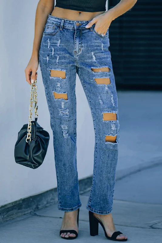 Mid-Rise Straight Leg Factory Distressed Jeans Denim Blue Jeans Stylish Relaxed Fit Skinny Jeans