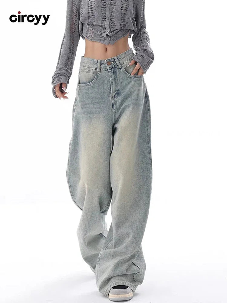 Waisted Jeans Women Autumn Button Full Length Wide Leg Denim Pants Trendy Skinny Fit Jeans