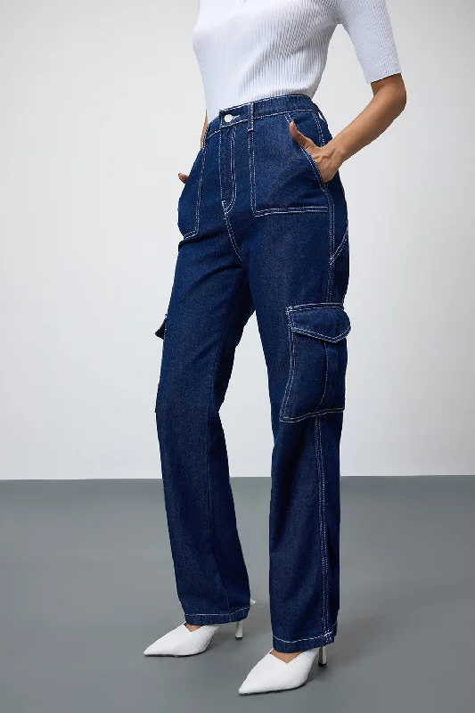 Deep Blue Utility Pocket Cargo Jeans Stylish Tapered Fit Jeans