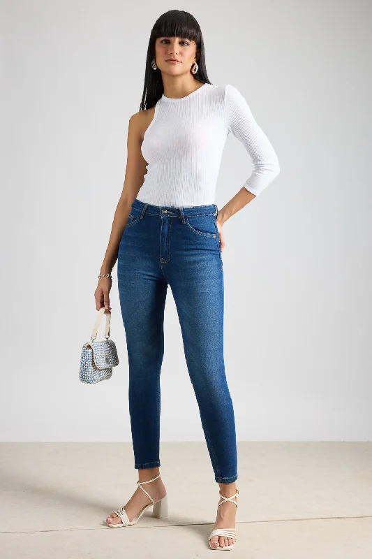 Deep Indigo Hugging Jeans Comfortable Distressed Straight-Leg Jeans