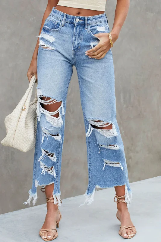 Distressed Raw Hem Jeans with Pockets Fashionable Slouchy Fit Jeans