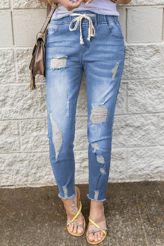 Drawstring Distressed Raw Hem Jeans with Pockets Trendy Low-Rise Bootcut Jeans