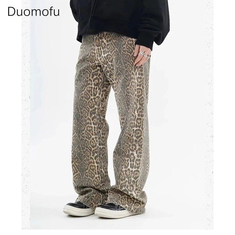 Vintage Leopard Print Jeans Women Casual Hip Pop Wide Leg Trousers Trendy Colored Denim Jeans