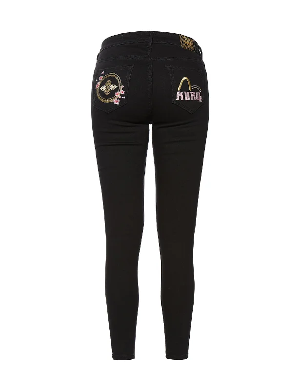 Floral Embroidered Skinny Cropped Jeans Cozy Tencel Blend Denim Jeans