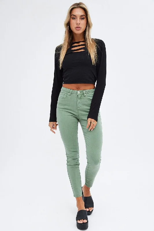 Green Skinny Denim Jeans Mid rise Casual Distressed Denim Jeans