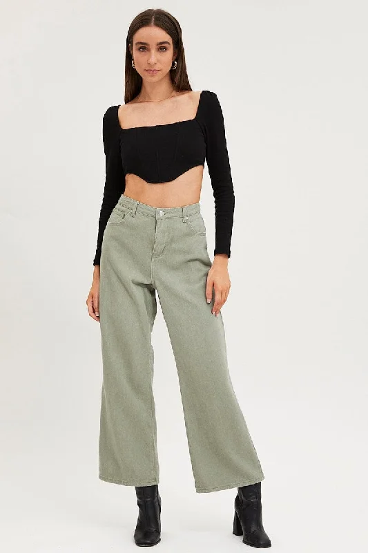 Green Wide Leg Denim Jeans High Rise Elegant Raw Hem Jeans