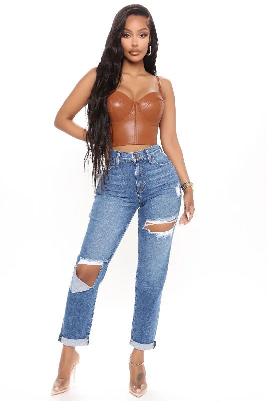 Hometown Cutie Destroyed Mom Jeans - Medium Blue Wash Stylish Paperbag Waist Denim