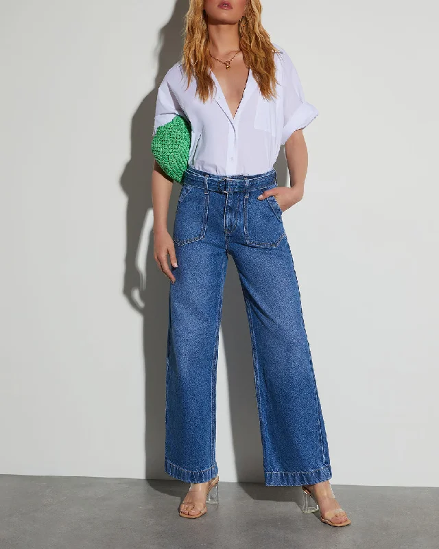 Jenny Belted High Rise Wide Leg Jeans Chic Rip-Detail High-Waist Jeans
