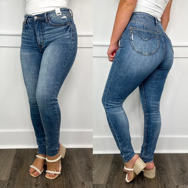 Judy Blue Eva Tummy Control High Rise Skinny Leg Medium Wash Jeans Elegant Wide-Leg Jeans