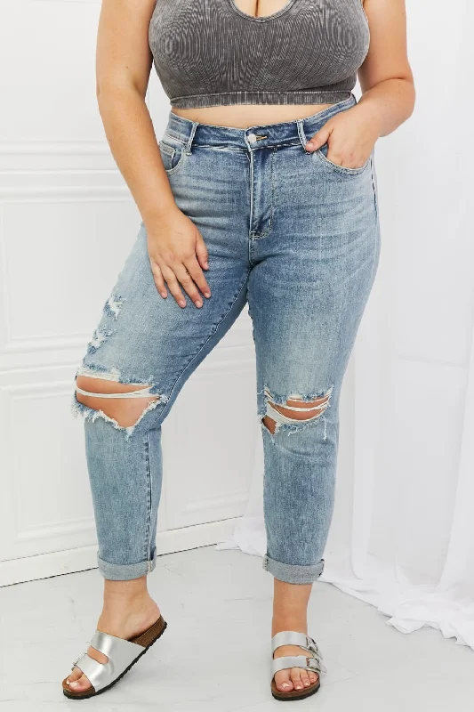 Judy Blue Malia Full Size Mid Rise Boyfriend Jeans Comfortable Flare Leg Jeans