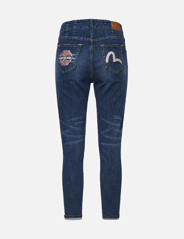 Kamon and Seagull Embroidered Skinny Jeans Stylish Bootcut Denim Jeans