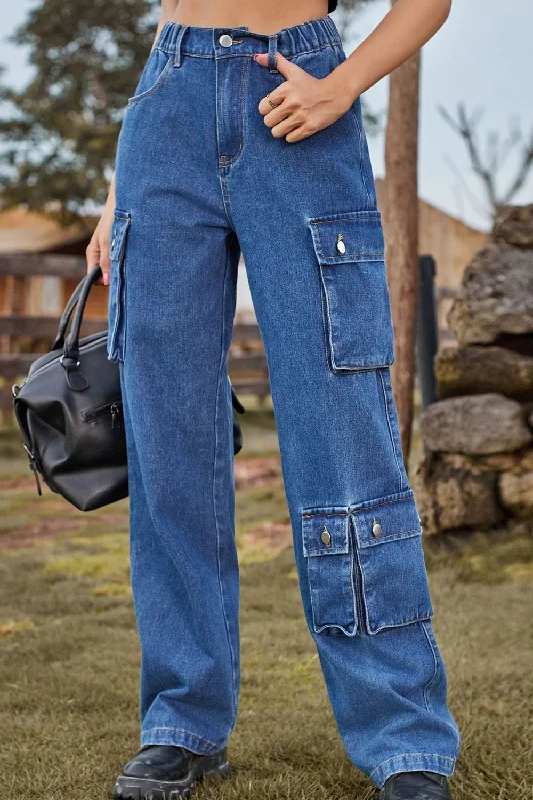 Loose Fit Long Jeans with Pockets Comfortable Faded High-Rise Jeans