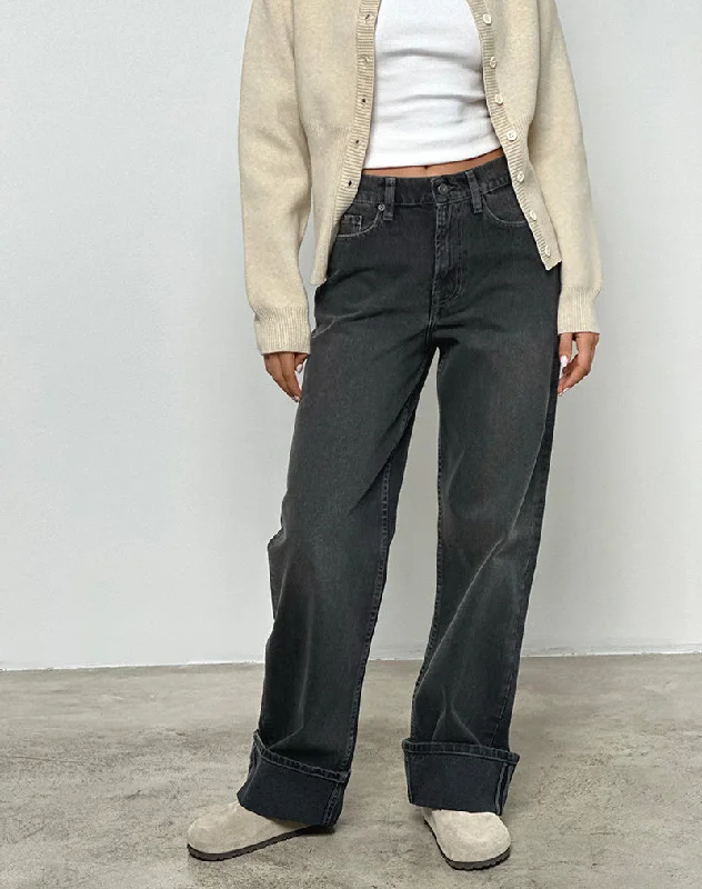Mid Rise Turn Up Straight Jeans in Washed Black Grey Trendy Button-Up High-Waist Jeans Mid Rise Turn Up Straight Jeans in Washed Black Grey Trendy Button-Up High-Waist Jeans