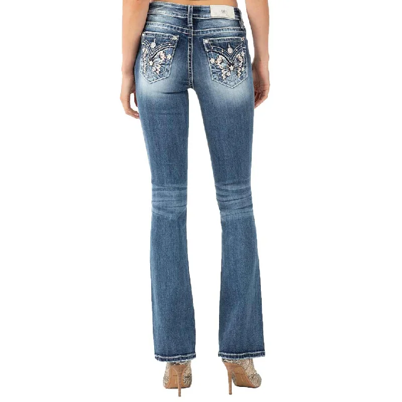 Miss Me Women's Butterfly Pocket Bootcut Jeans Fashionable Raw Hemmed Jeans