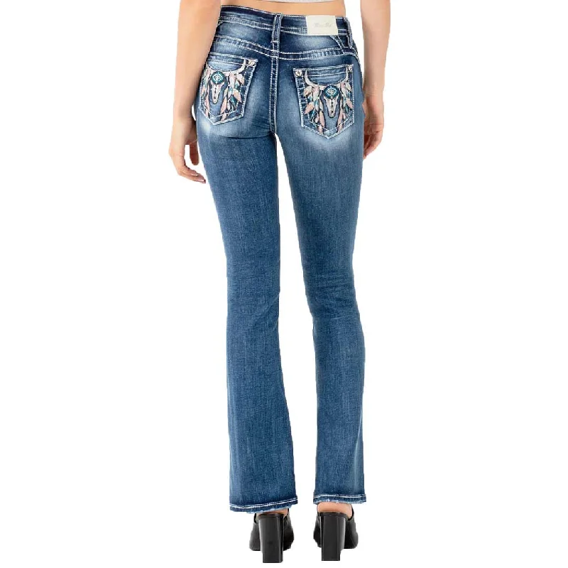 Miss Me Women's Steer Skull Pocket Bootcut Jeans Stylish High-Rise Mom Jeans