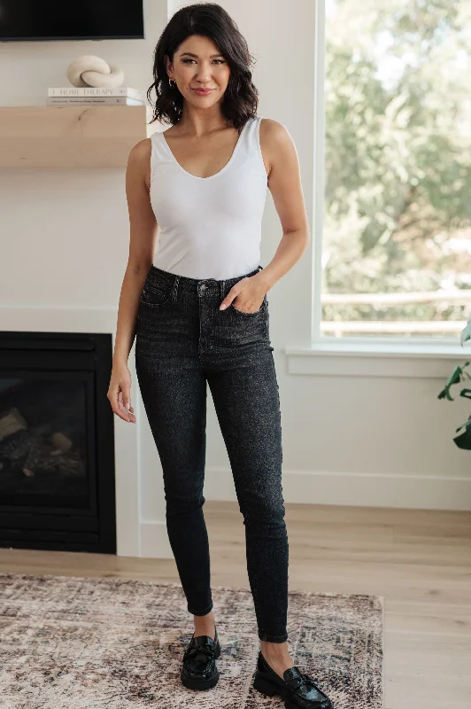 Judy Blue Octavia High Rise Control Top Skinny Jeans in Washed Black Casual Distressed Skinny Jeans