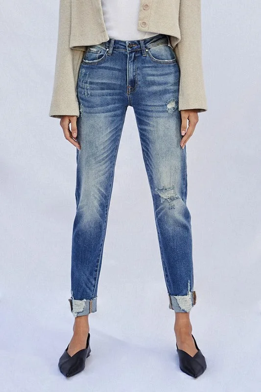 Raw Hem Boyfriend Jeans Elegant Bootcut Fit Jeans