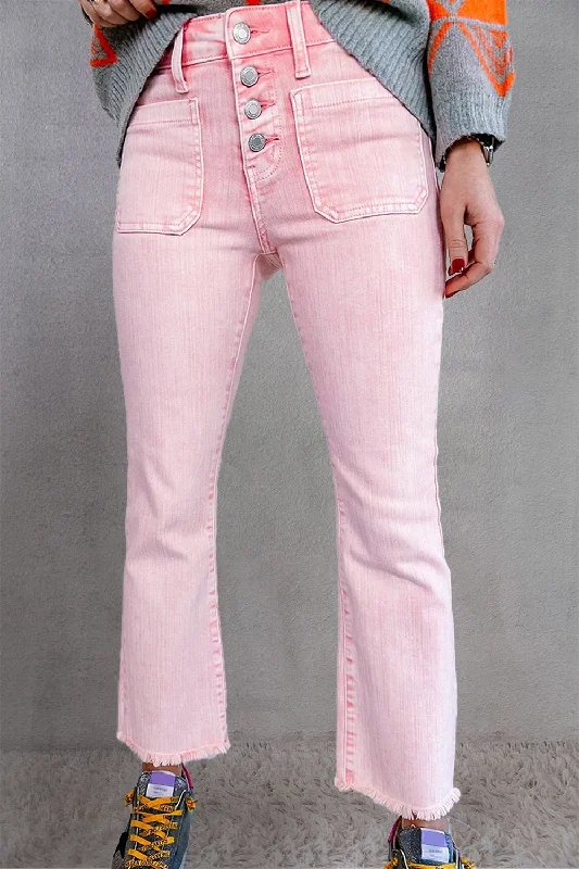 Raw Hem Button-Fly Jeans with Pockets Casual Wide-Legged Denim Jeans