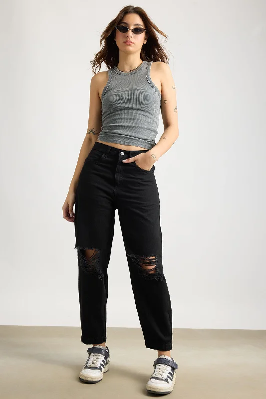 Relaxed Distress Black Jeans Fashionable Jeggings Style Jeans