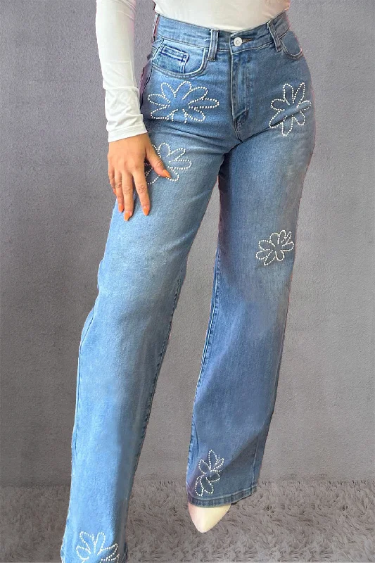 Rhinestone Straight Jeans with Pockets Casual High-Waisted Bootcut Jeans