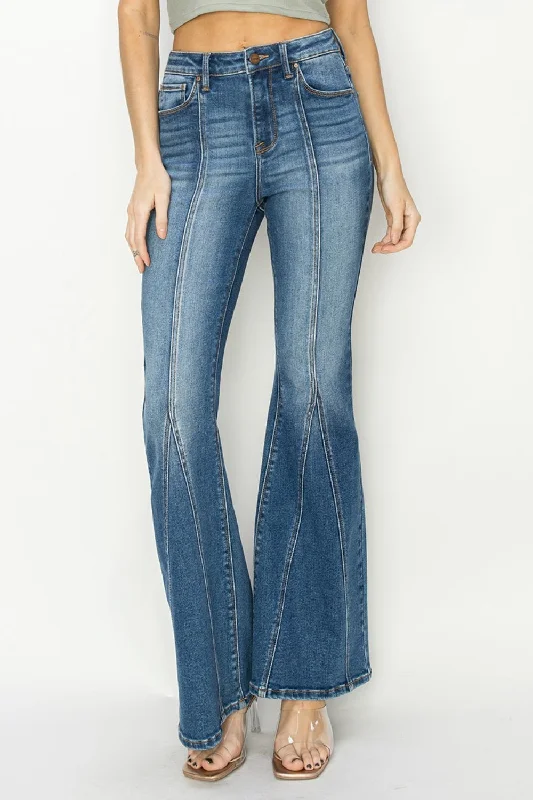 RISEN Full Size High Rise Front Seam Detailed Flare Jeans Stylish Tapered Fit Jeans