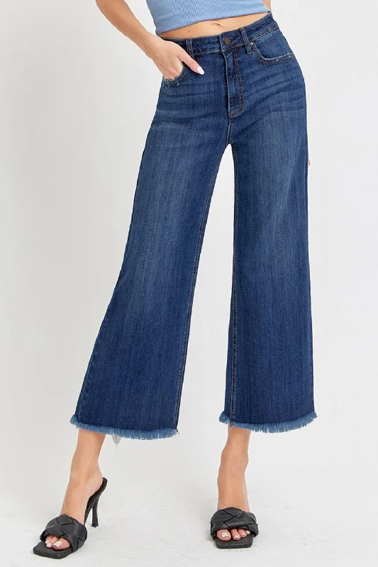 RISEN Full Size Raw Hem Cropped Wide Leg Jeans Stylish Stone-Wash Denim Jeans